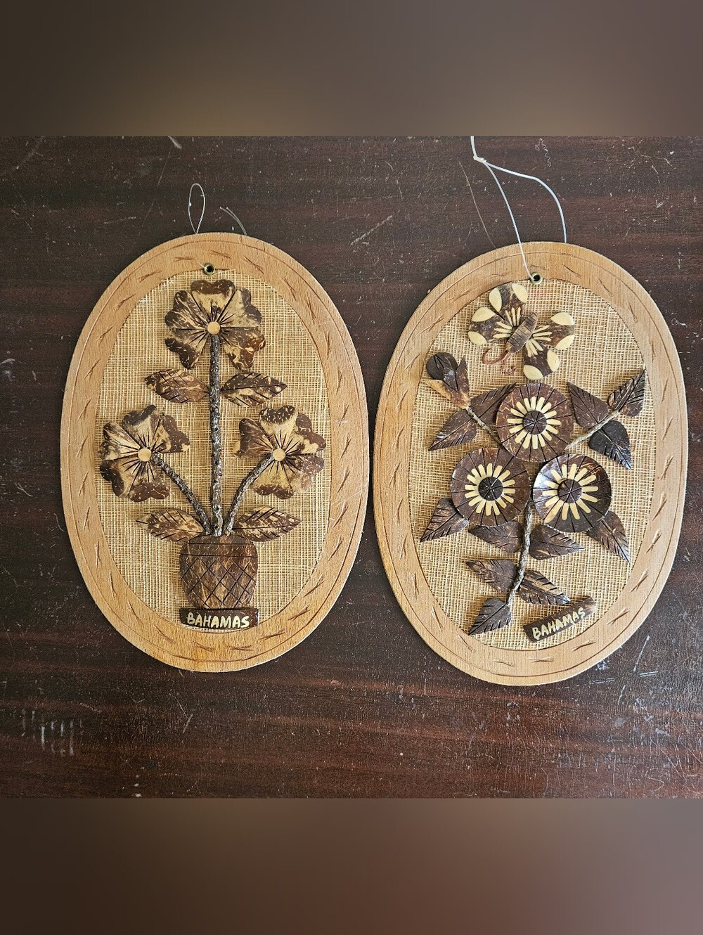 Vintage Mid Century Coconut Shell Wall Art Plaques Tiki Decor Pair 12". Nice.